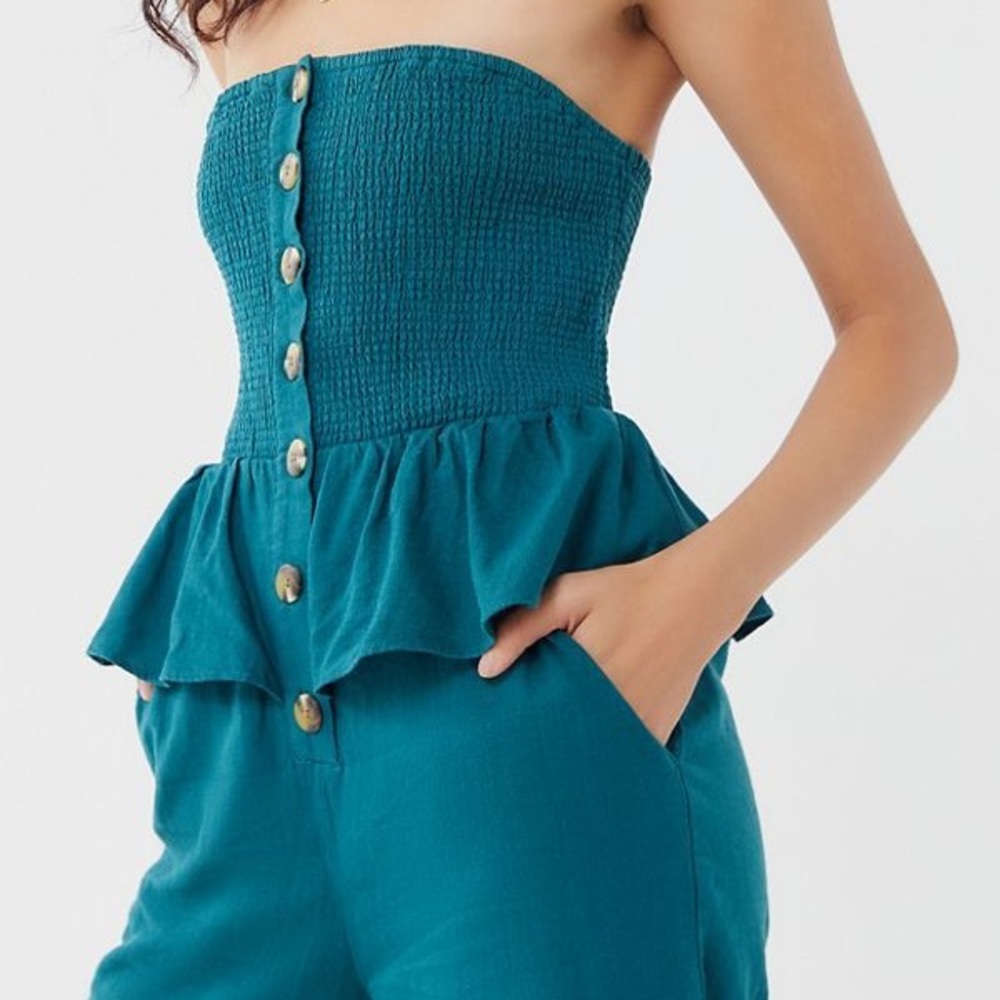 uo san fernando smocked strapless jumpsuit
